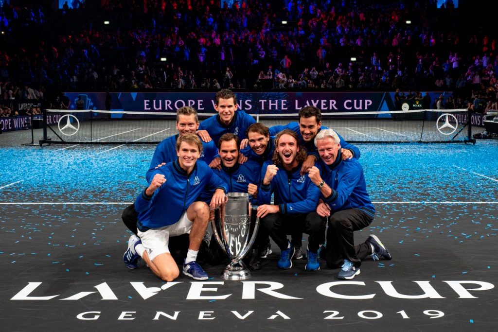 Team Europe's composed of (From down L) Captain Thomas Enqvist, Alexander Zverev, Roger Federer, Rafael Nadal, Stefanos Tsitsipas, and Captain Bjorn Borg (From up R) Fabio Fognini and Dominic Thiem celebrate after winning the 2019 Laver Cup.