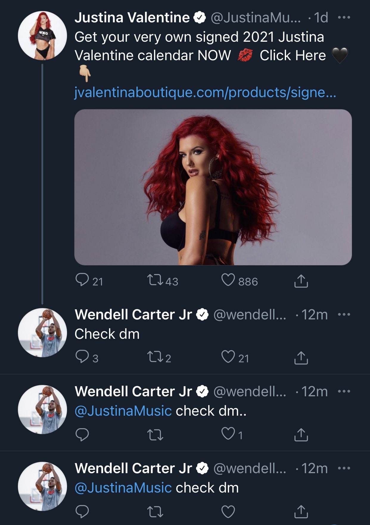 Wendell Carter Jr claims his Twitter was hacked after 'check dm' comments to Justina Valentine - THE SPORTS ROOM