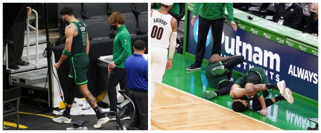 Celtics duo Jaylen Brown and Jayson Tatum injured after collision in loss against Trailblazers