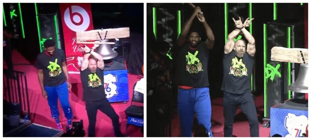 Joel Embiid walks out with Triple H to kickstart the 76ers' series against Hawks