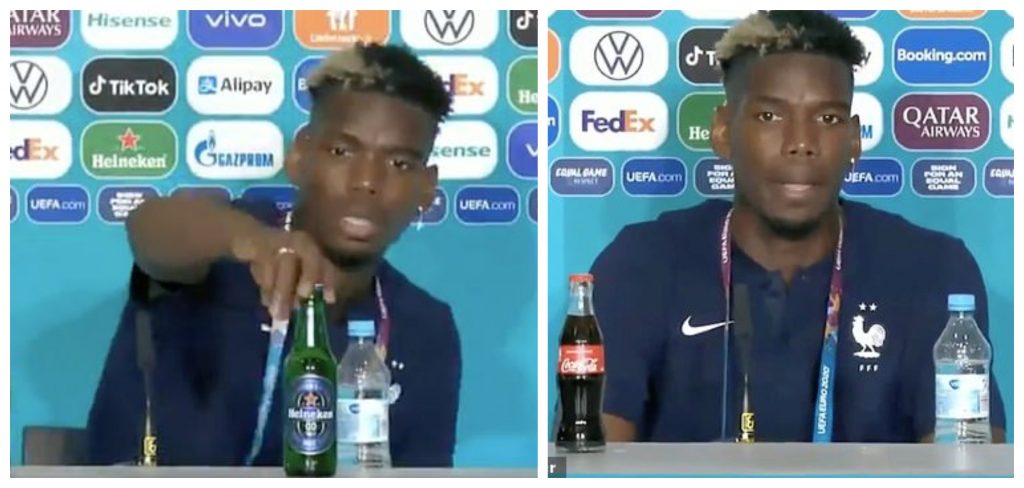 Paul Pogba mimics Ronaldo's press conference stunt; removes Heineken beer bottle away 2 Paul Pogba mimics Ronaldo's press conference stunt; removes Heineken beer bottle away