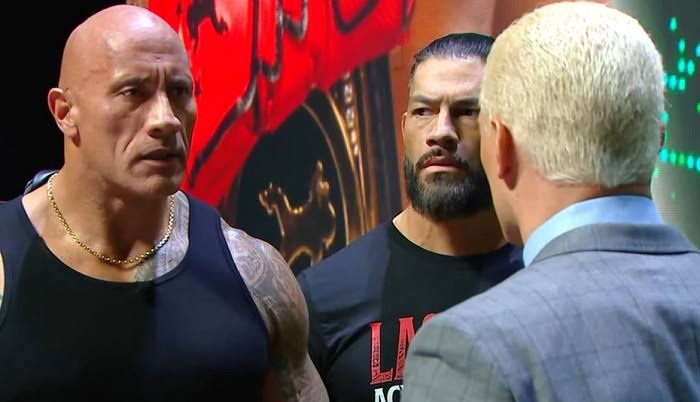 Fans React to The Rock Slapping Cody Rhodes and Turning Heel during WrestleMania 40 Kickoff Press Event 4 The Rock confronts Cody Rhodes